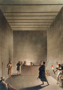 Câmara e sarcófago na Grande Pirâmide de Giza, placa 6 de "Vistas no Egito", gravada por Thomas Milton (1743-1827) pub. por Robert Bowyer (1758-1834) 1801 (aquatinta)